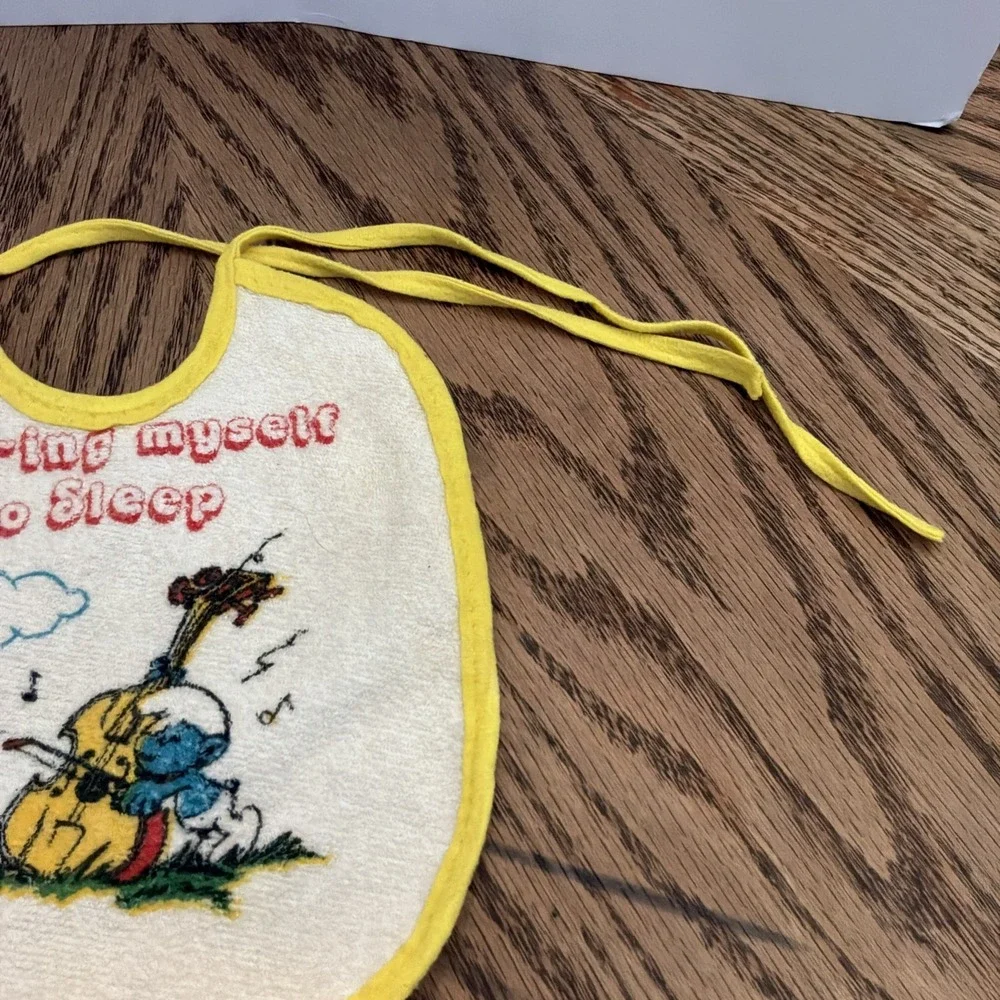 Vintage 1982 Toddler Baby Tommee Tippie Smurf~ing Myself To Sleep Tie Infant Bib